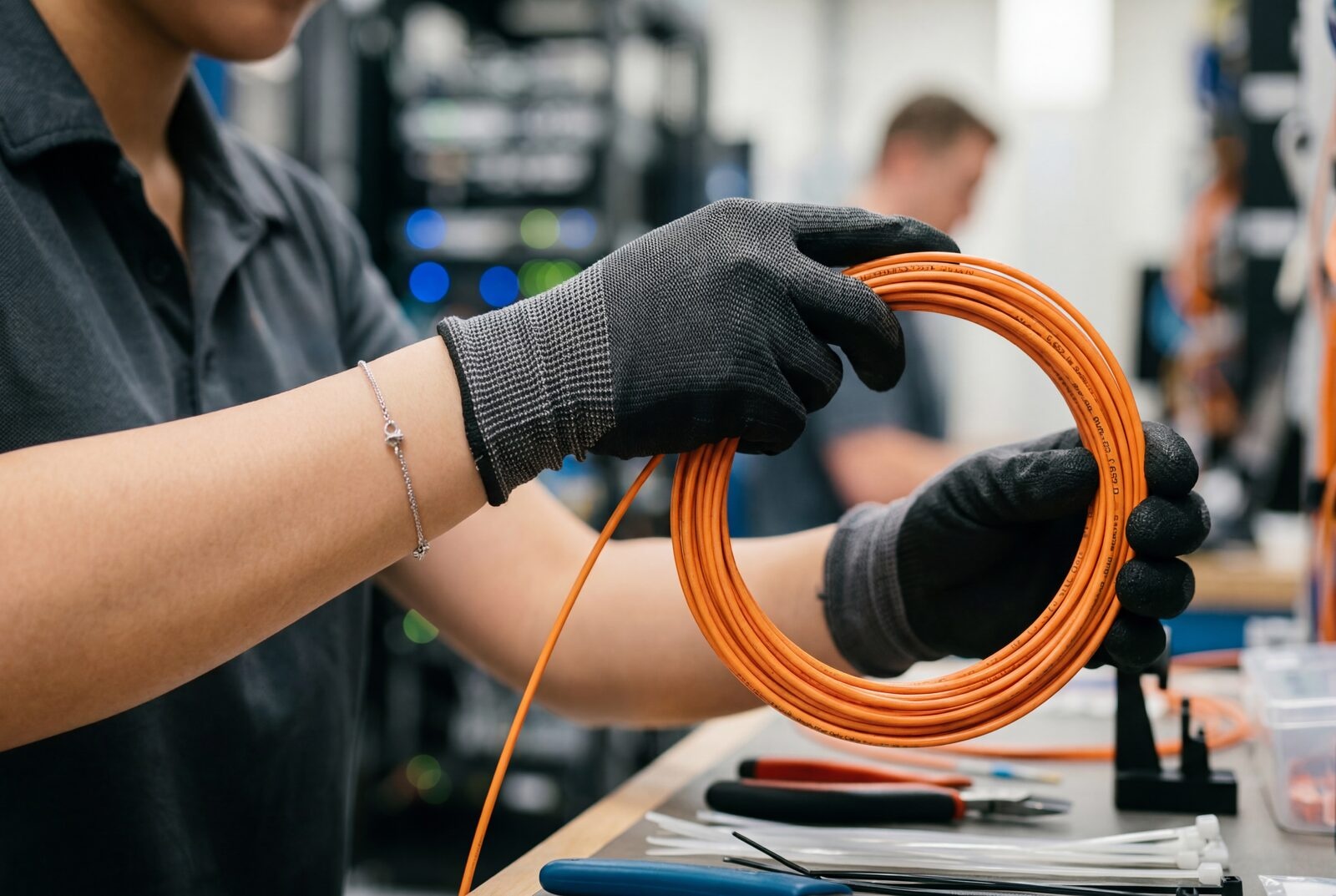 Apprentice coiling orange fiber optic cable at a cabling workbench
