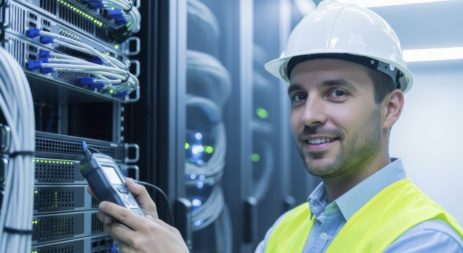 Field technician in a hard hat and hi-vis vest testing equipment in a data center